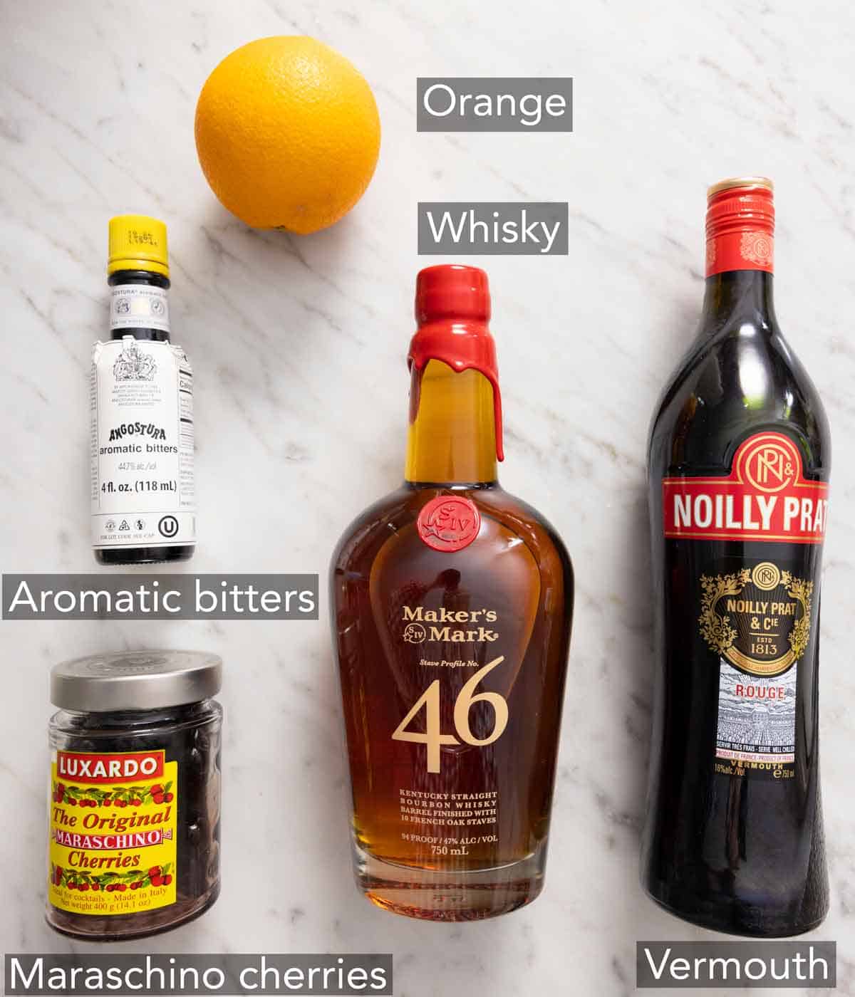 Ingredients needed to make a manhattan drink.