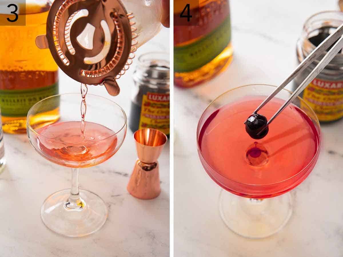 Set of two showing the drink being poured out of a strainer in a cocktail glass and then topped with a maraschino cherry.