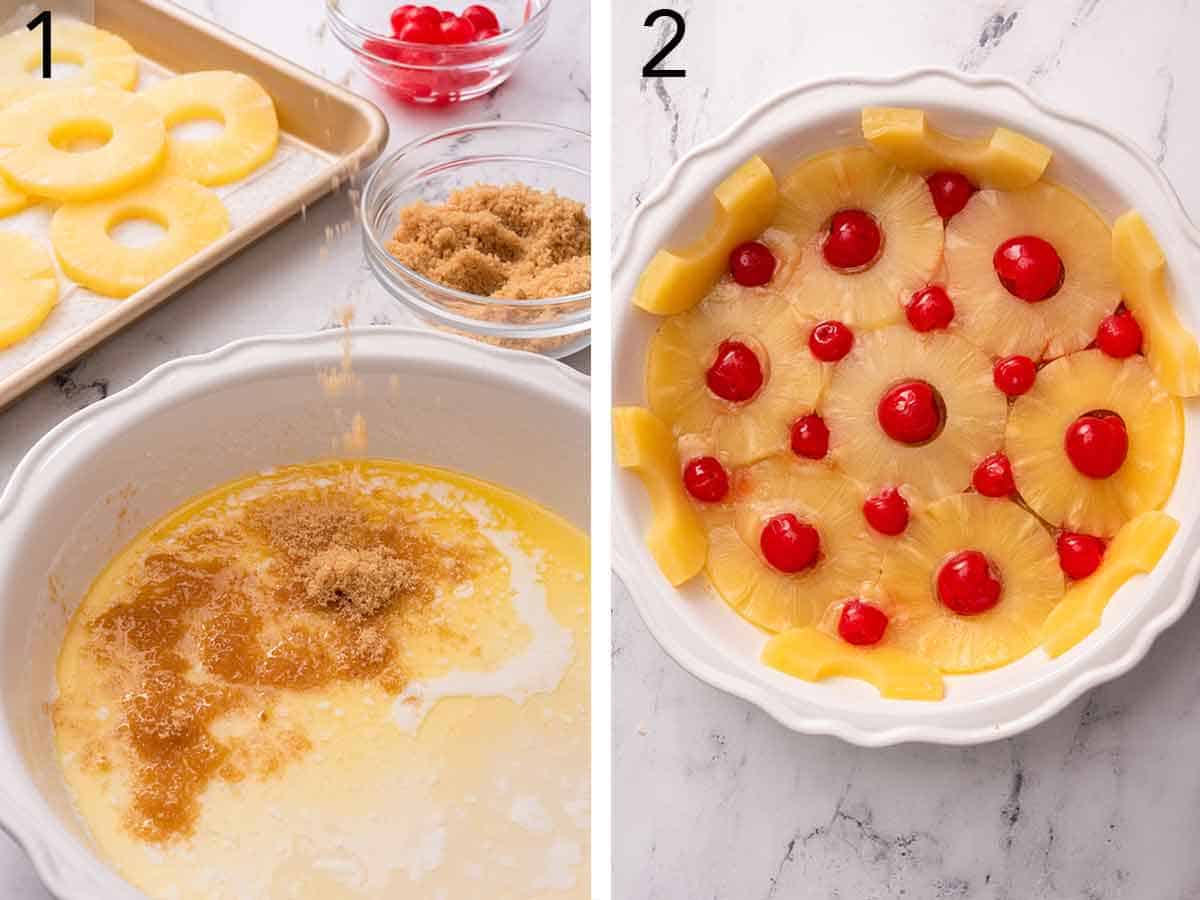 Set of two photos showing melted butter and brown sugar added to the cake pan and the pineapple rings arranged with a cherry in each of the gaps.