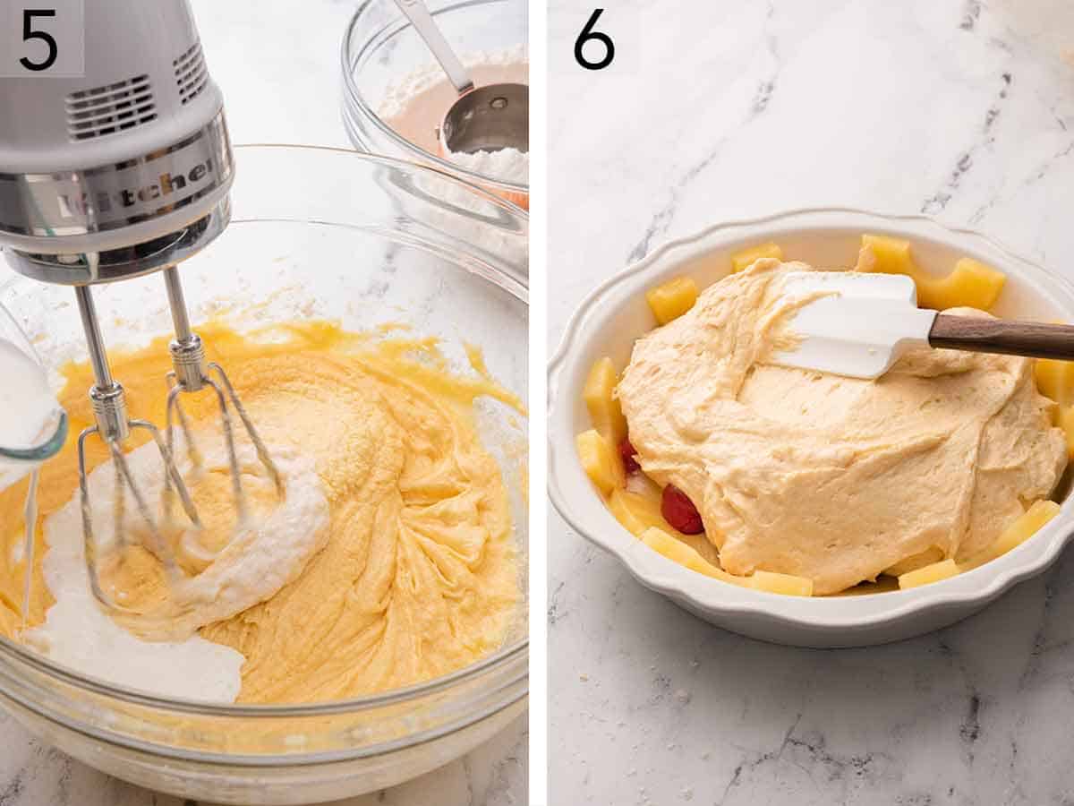 Set of two photos showing liquid added to the batter and then the batter added into the cake pan.