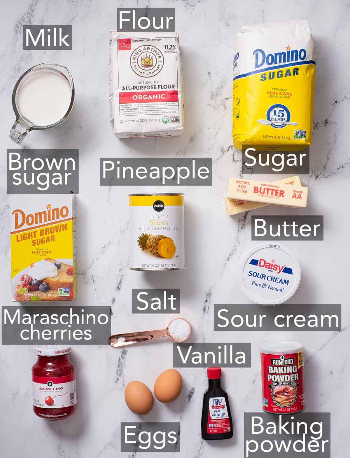 Ingredients needed to make a pineapple upside down cake.
