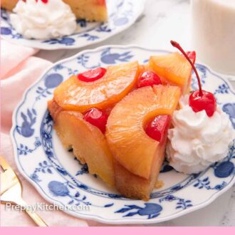 Pinterest graphic of two plates with a slice of pineapple upside down cake on each with a dollop of whipped cream on the side.