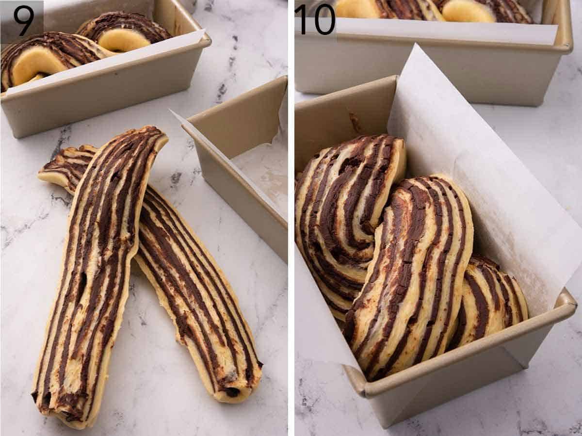 Set of two photos showing the babka dough cut and then braided in the loaf pan.