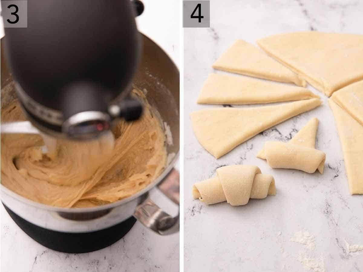 Set of two photos showing the dough being mixed and crescent rolls being rolled beside dough cut into triangles.