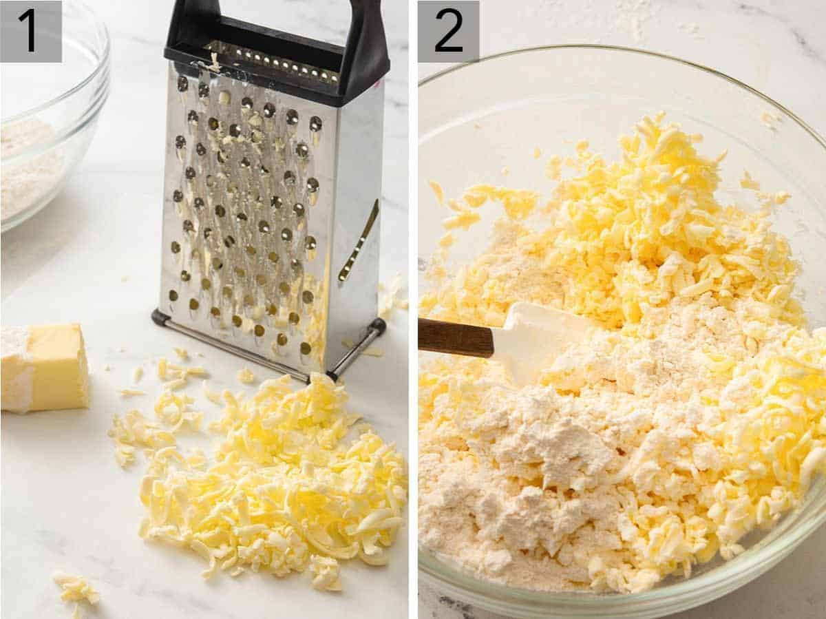 Set of two photos showing butter being grated and then mixed with the flour.