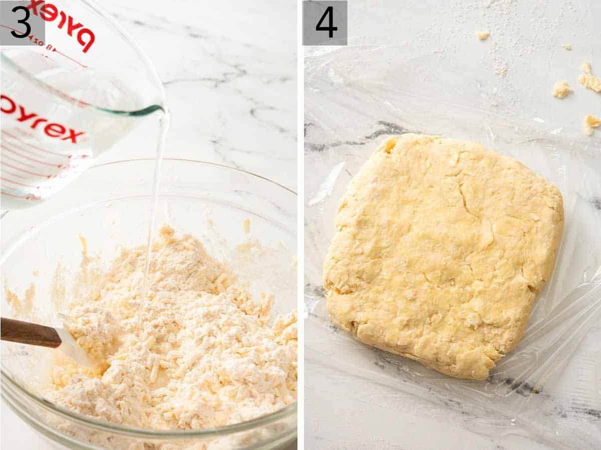 Set of two photos showing cold water added to the mixture and rolled out into a square, placed on top of plastic wrap.