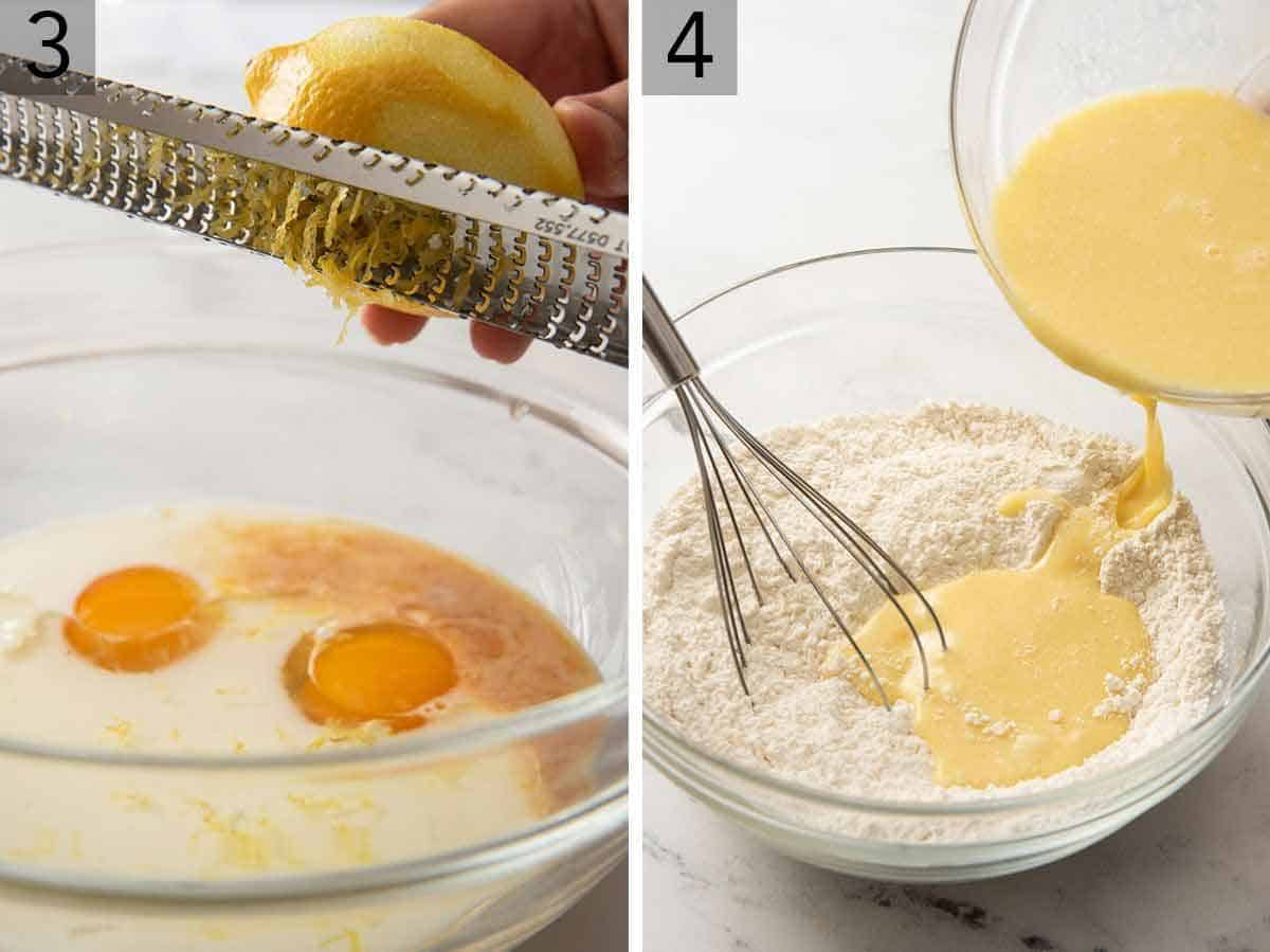 Set of two photos showing lemon zest added to the wet ingredients and then combining the wet and dry ingredients.