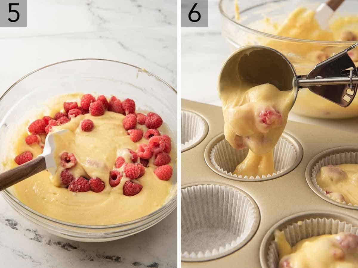 Set of two photos showing raspberries being folded into the batter then added to a muffin tin with liners in it.
