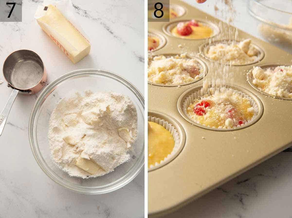 Set of two photos showing butter added to dry ingredients to make streusel then topping the muffins with them.