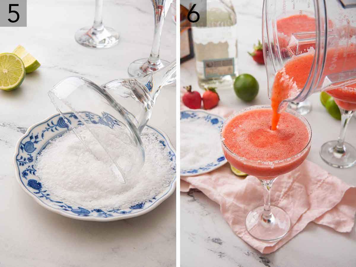 Set of two photos showing salt added to the rim of a cocktail glass and strawberry margarita being poured in from a blender.