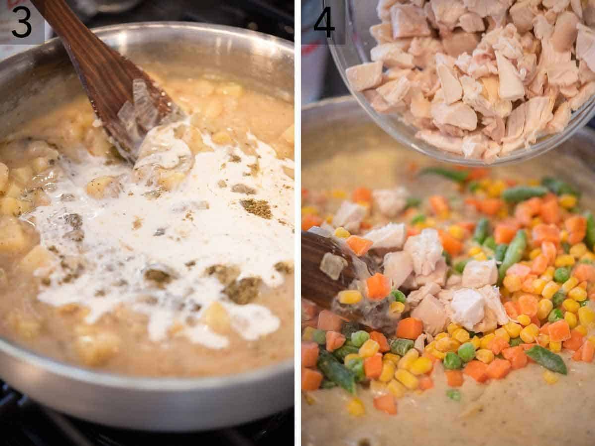 Set of two photos showing broth and heavy cream added to the pan before adding in the mixed vegetables and turkey.