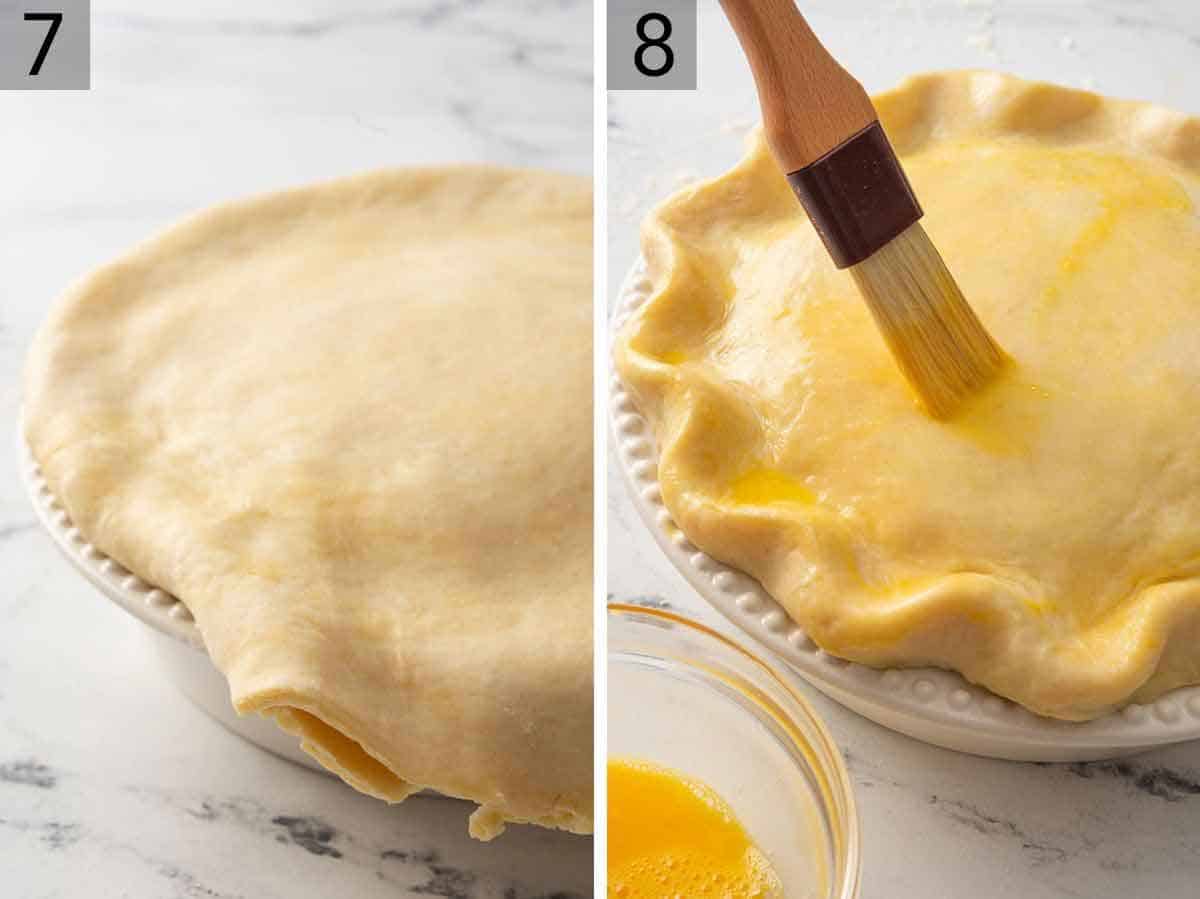 Set of two photos showing pie crust placed on top of the turkey pot pie and then brushing the crust with an egg wash.