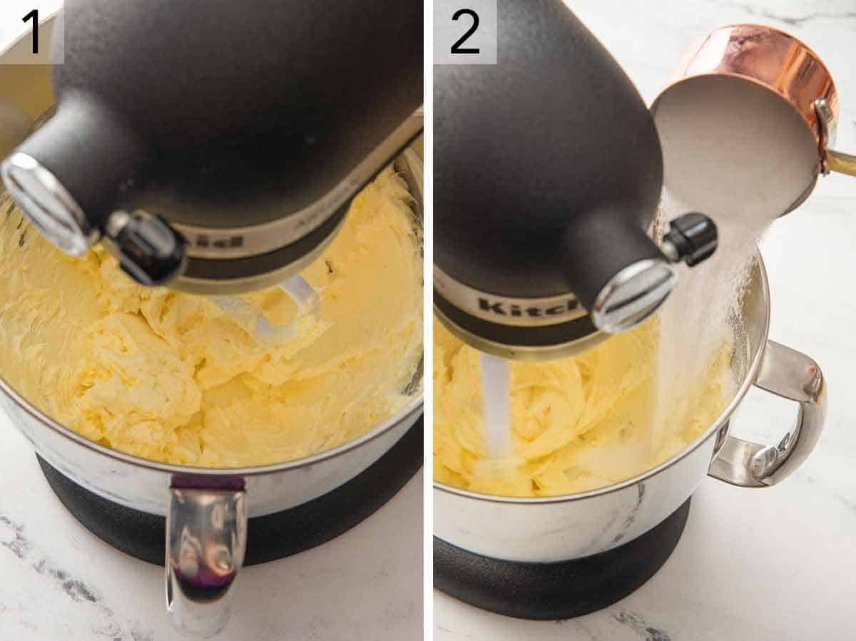 Set of two photos showing butter being creamed and then sugar added.