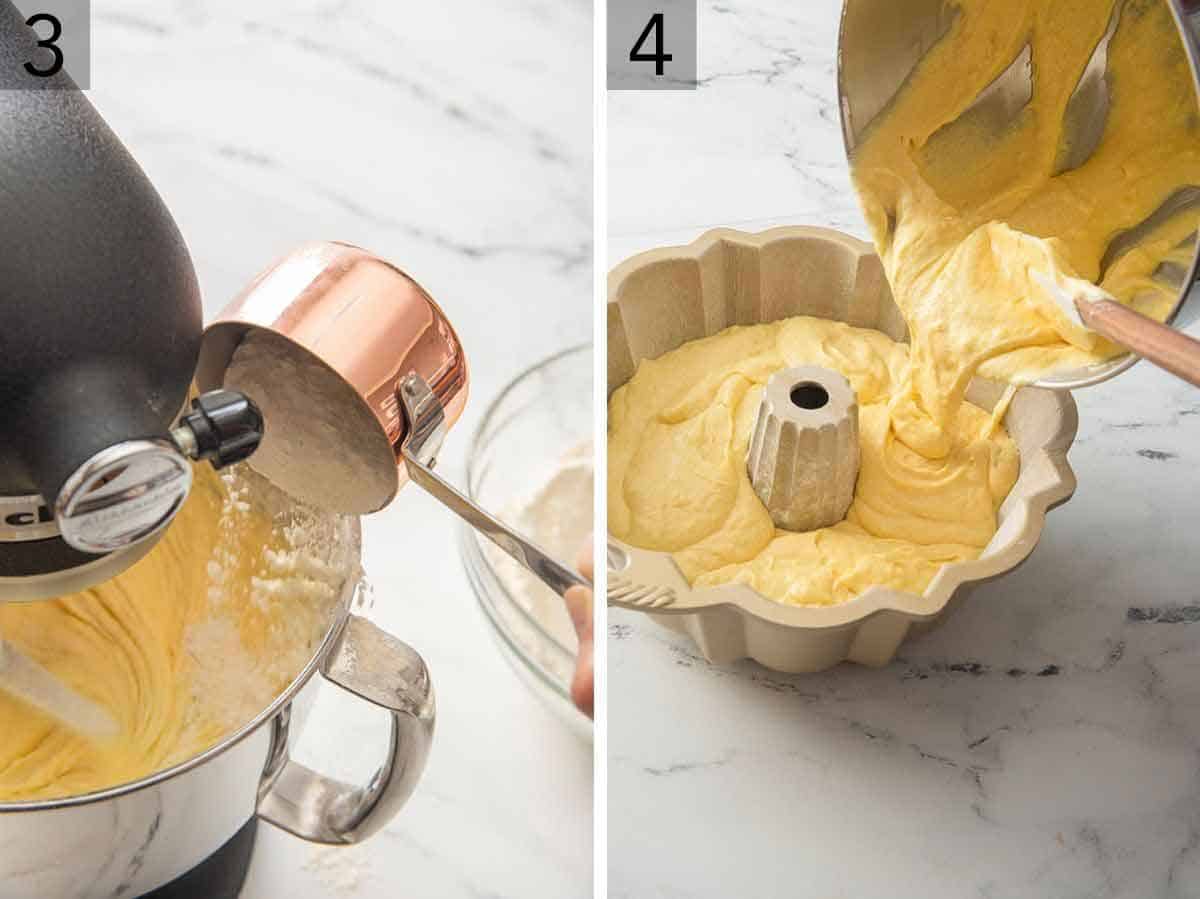 Set of two photos showing flour mixture being added to a mixer and then the batter poured into a bundt pan.