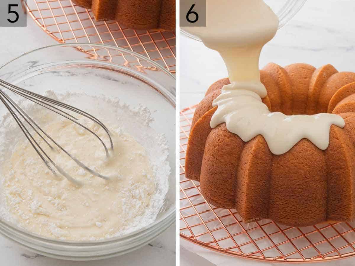 Set of two images showing the vanilla glaze being made and poured over top the Bundt cake on a rack.