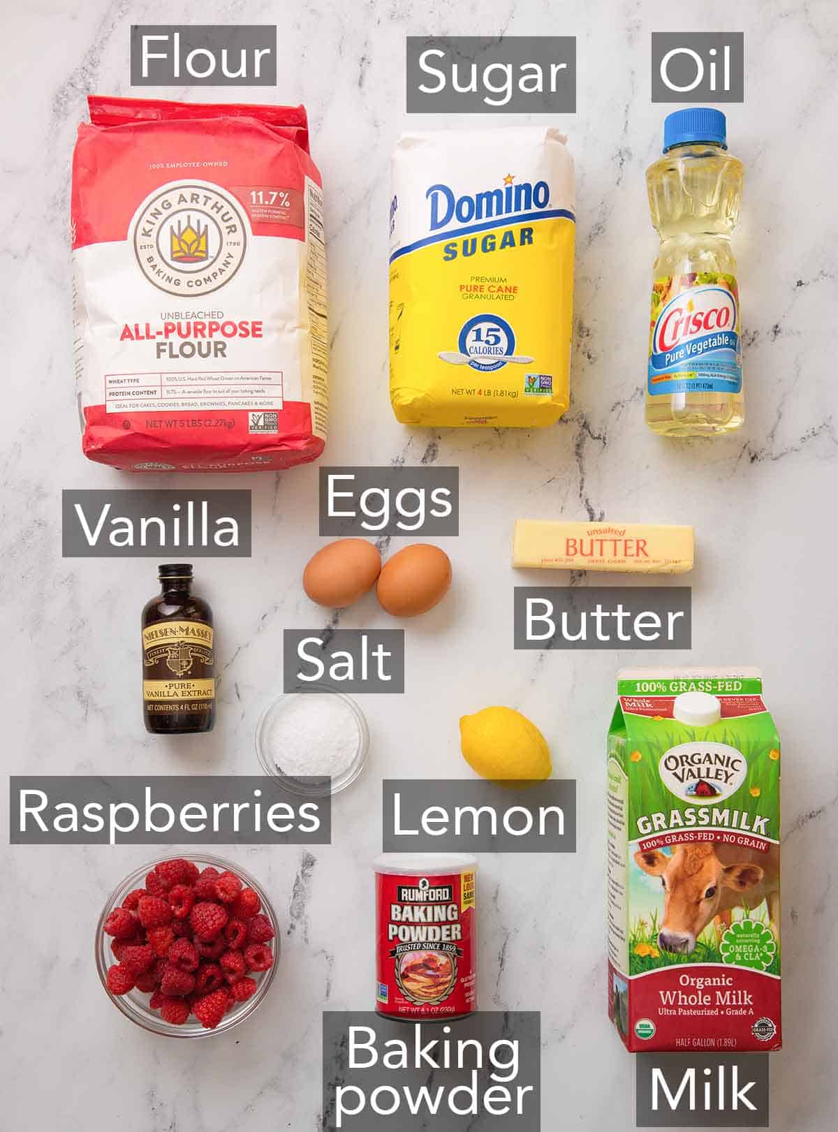 Ingredients needed to make raspberry muffins.