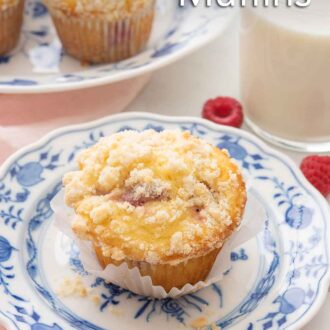 Pinterest image of a raspberry muffin on a white and blue plate with raspberries strewn around.