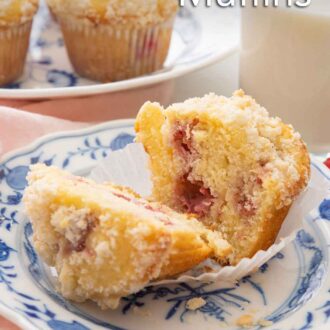 Pinterest image of a raspberry muffin cut in half on a small plate with a platter of muffins in the back.