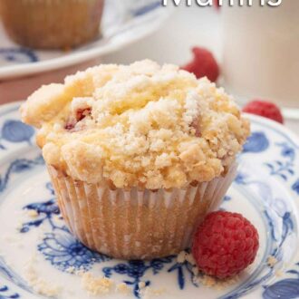 Pinterest image of a raspberry muffin on a plate with a fresh raspberry beside it.