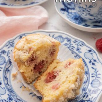 Pinterest image of a raspberry muffin cut in half on a plate beside a cup of coffee.