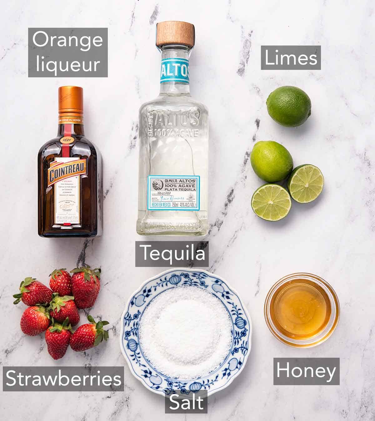 Ingredients needed to make strawberry margaritas.