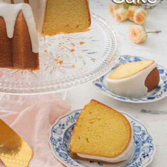 Pinterest graphic of a cake stand holding a cut vanilla Bundt cake with glaze with two slices on their own dessert plates.