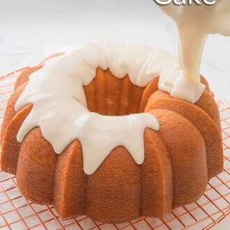 Pinterest graphic of vanilla glaze being poured over top of a Bundt cake on a wire rack.