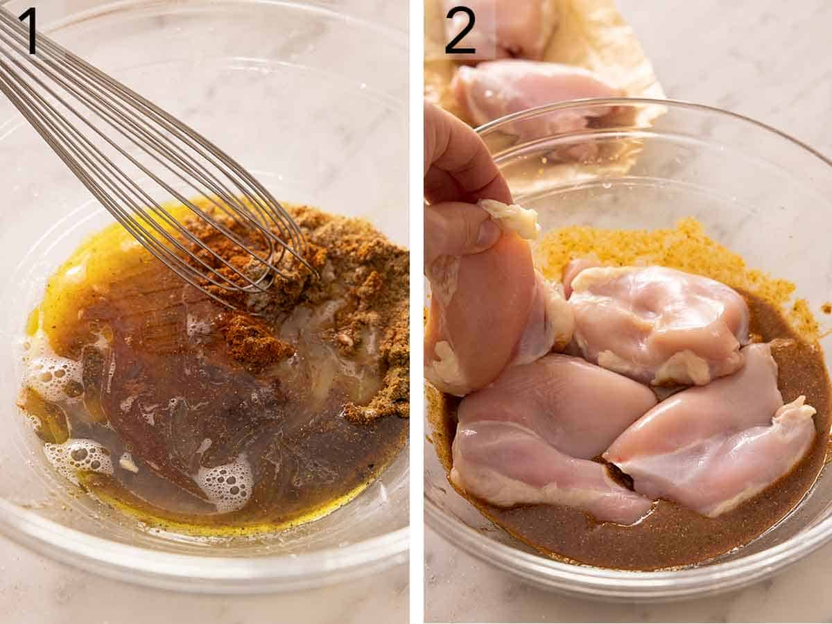 Set of two photos showing the marinade being mixed together and then boneless, skinless thighs added to it.