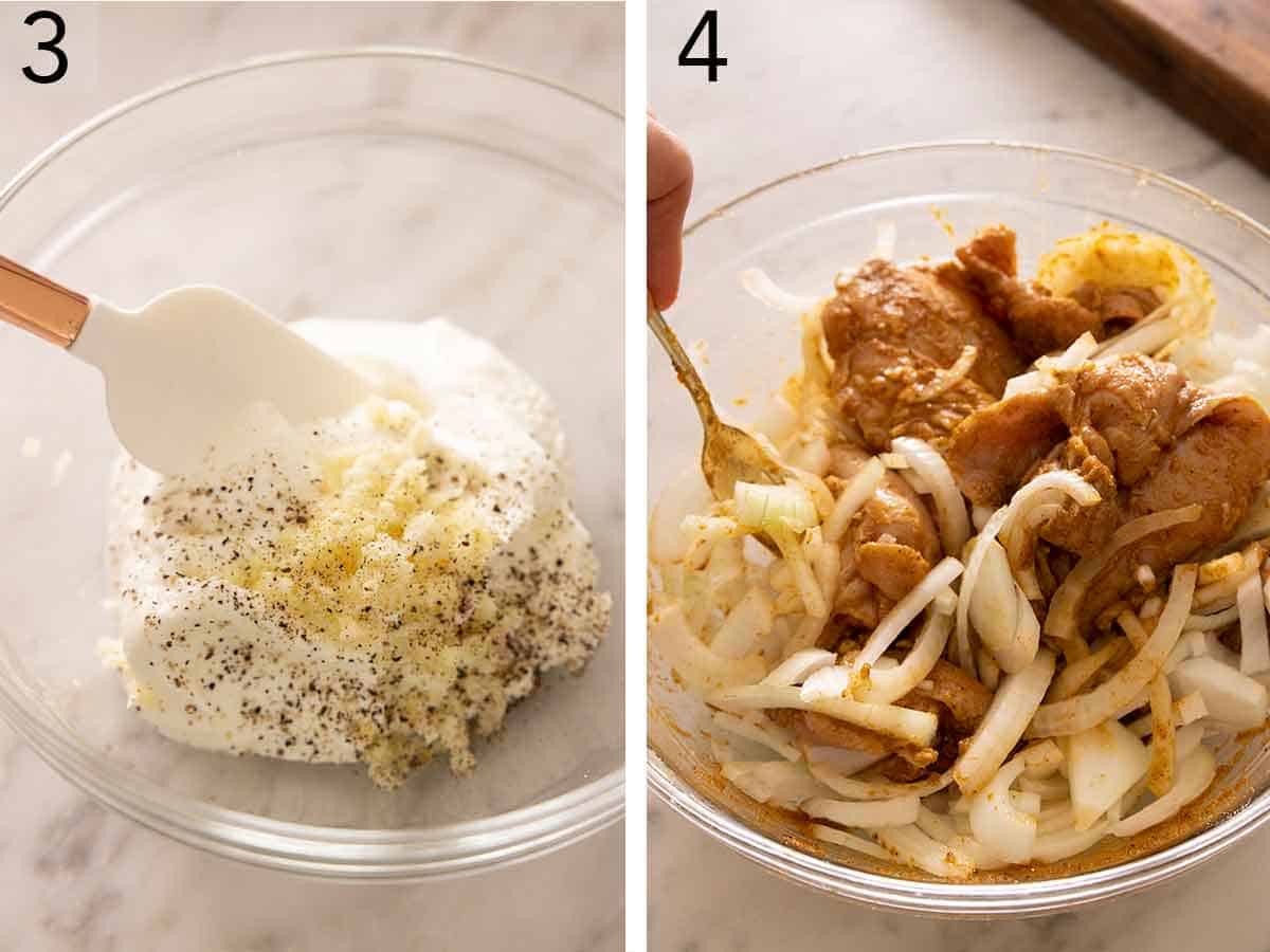 Set of two photos showing the yogurt sauce being mixed and then onions added to the marinade.