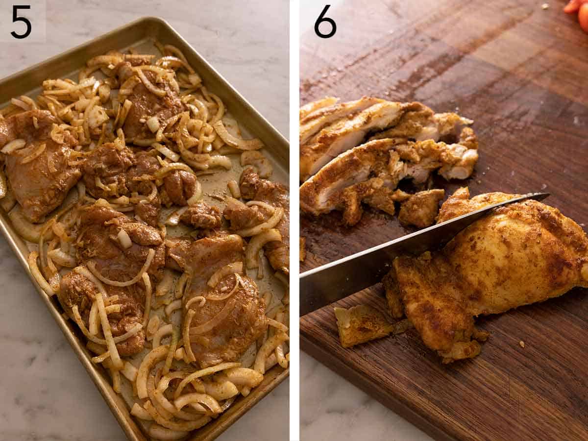 Set of two photos showing the chicken shawarma on a sheet pan to be baked and then the chicken thighs sliced.