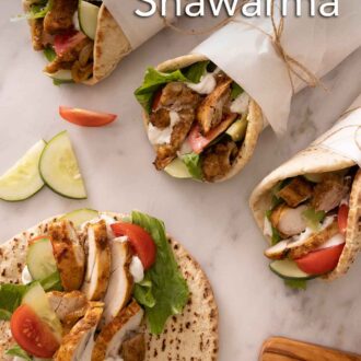 Pinterest graphic of three wrapped chicken shawarma with an opened one.