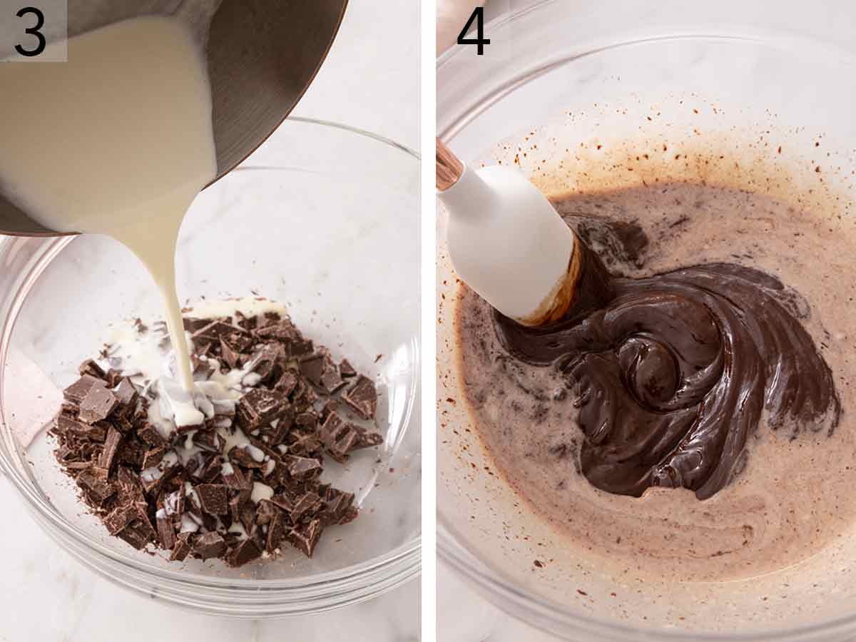Set of two photos showing heavy cream poured over chopped chocolate then stirred.