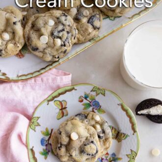 Pinterest graphic of a platter of cookies and cream cookies with a plate beside it containing two with a glass of milk.