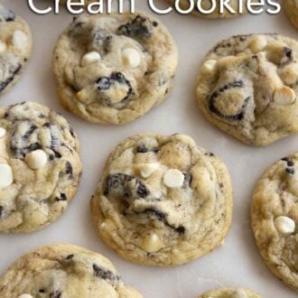 Pinterest graphic of multiple cookies and cream cookies laid out in rows.