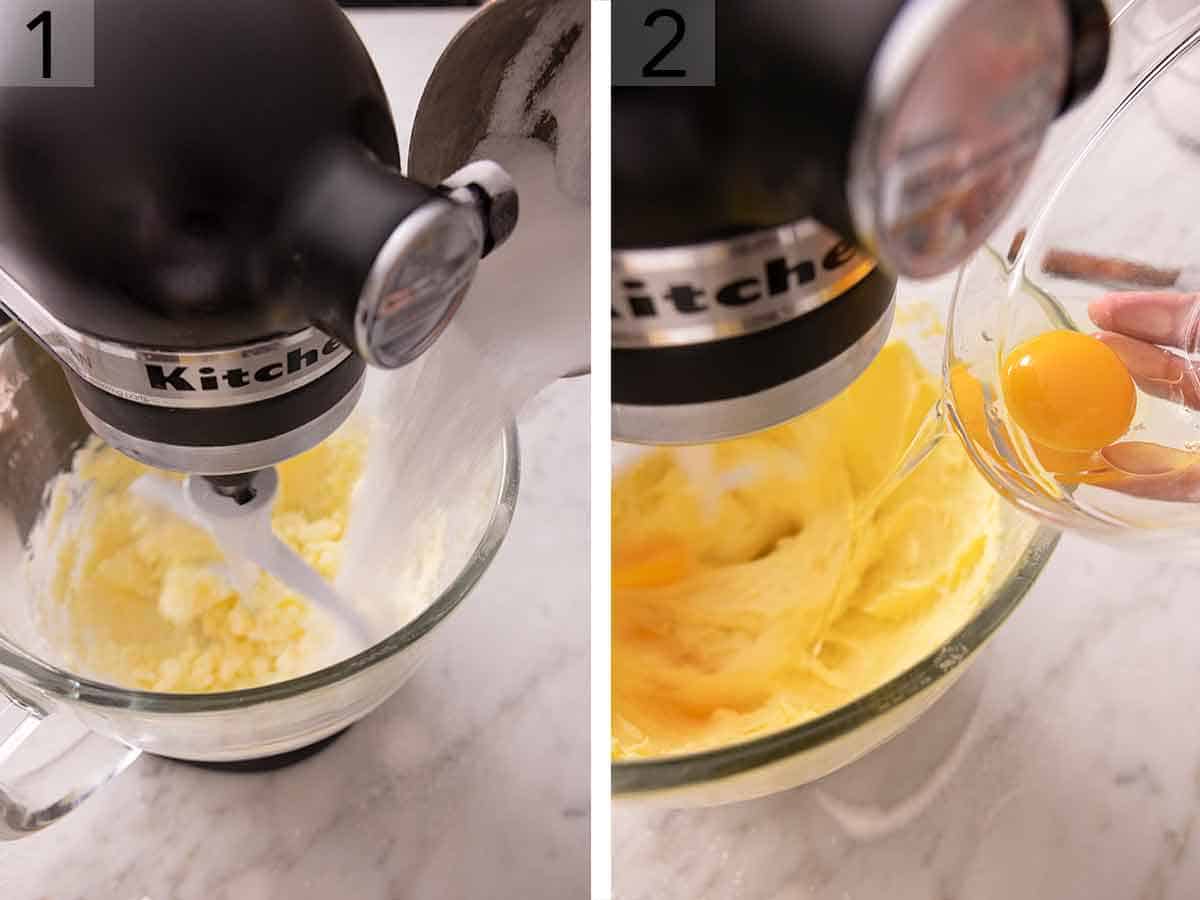 Set of two photos showing sugar added to beaten butter and then eggs added.
