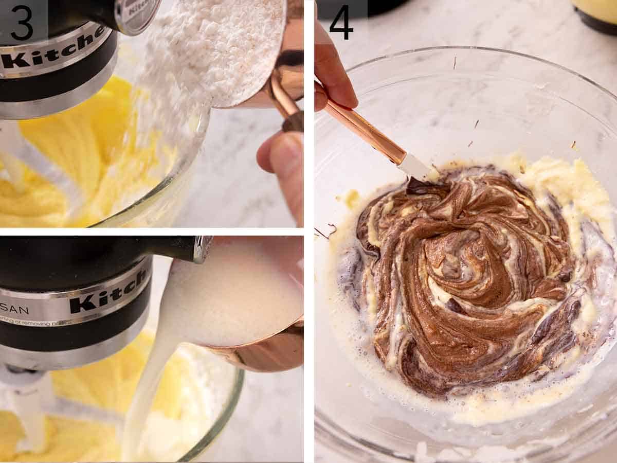 Set of three photos showing flour added to a mixing bowl then a buttermilk mixture. Third image is showing a vanilla batter being mixed with chocolate batter in a bowl.