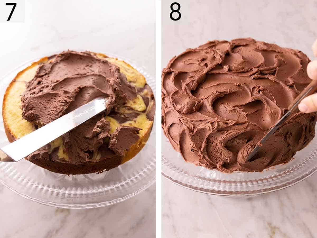 Set of two photos showing chocolate buttercream spread on a cake and then the cake being frosted.