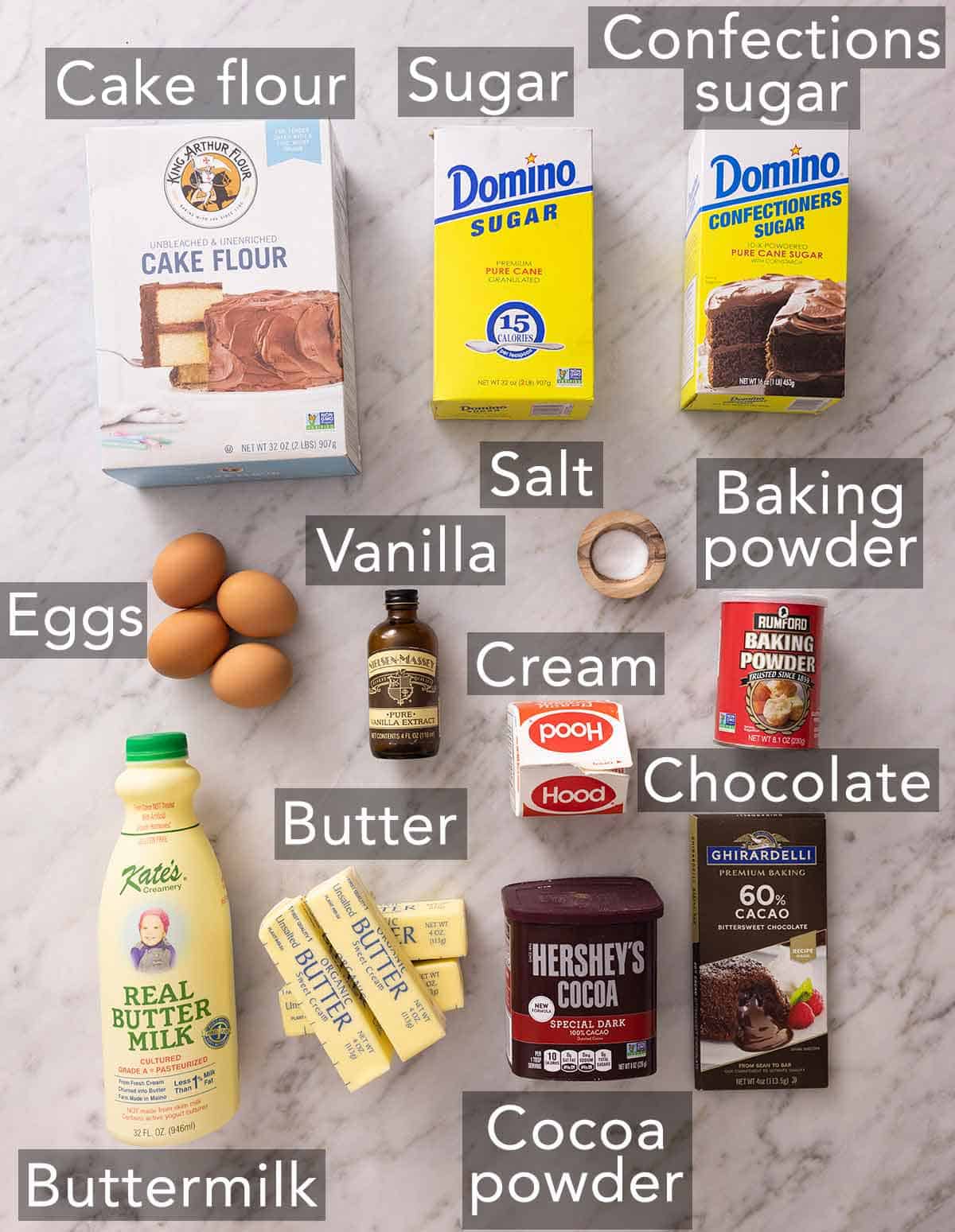Ingredients needed to make a marble cake.