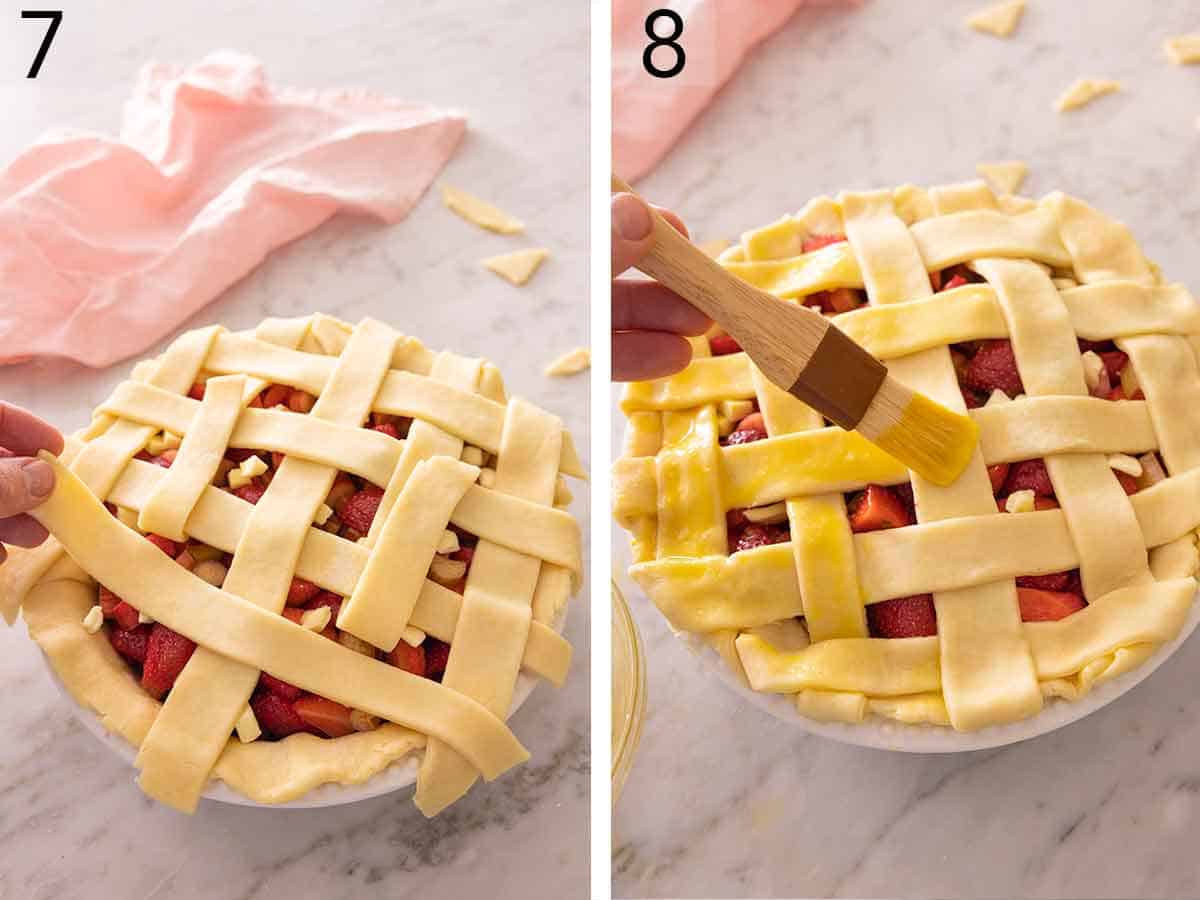 Set of two photos showing pie lattice added to the pie and then brushed with egg yolk.