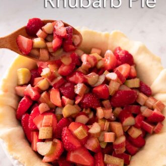 Pinterest graphic of strawberry rhubarb filling being spooned into a pie crust.