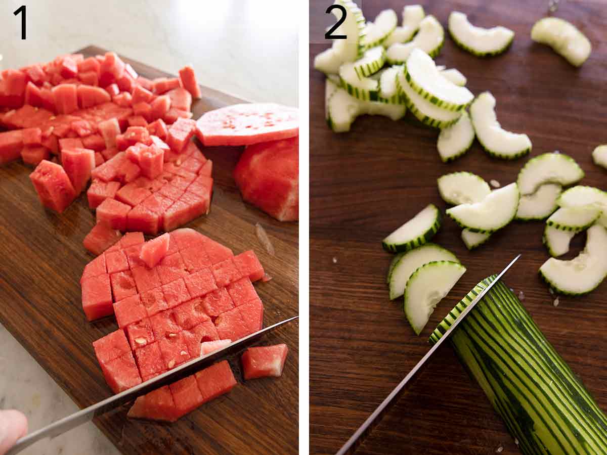 Set of two photos showing watermelon being cut into cubes and cucumbers cut into half-moon shapes.