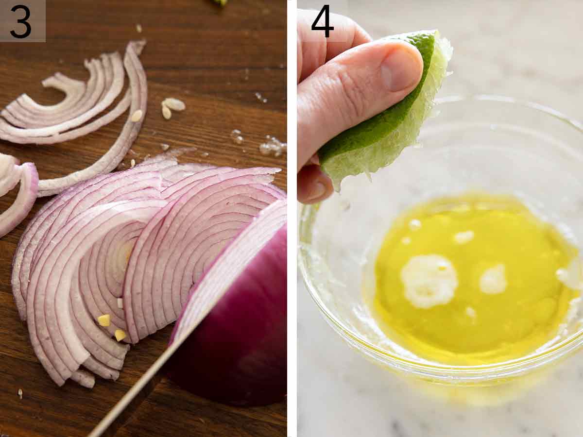 Set of two photos showing red onions sliced thinly and lime being juiced into a bowl.