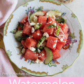 Pinterest graphic of a plate of watermelon salad with a glass of water beside it.