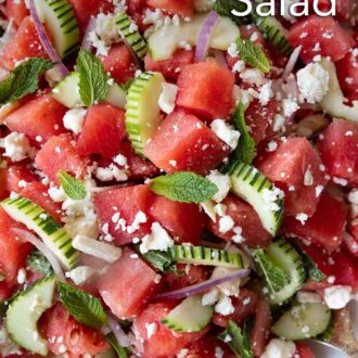 Pinterest graphic of a close up shot of a watermelon salad.