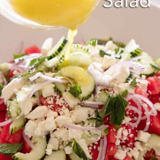 Pinterest graphic of dressing being poured in a bowl of watermelon salad.