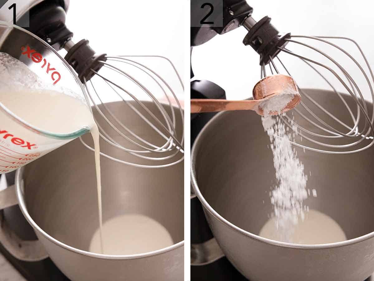 Set of two photos showing whipped cream added to a mixing bowl and then powdered sugar spooned in.