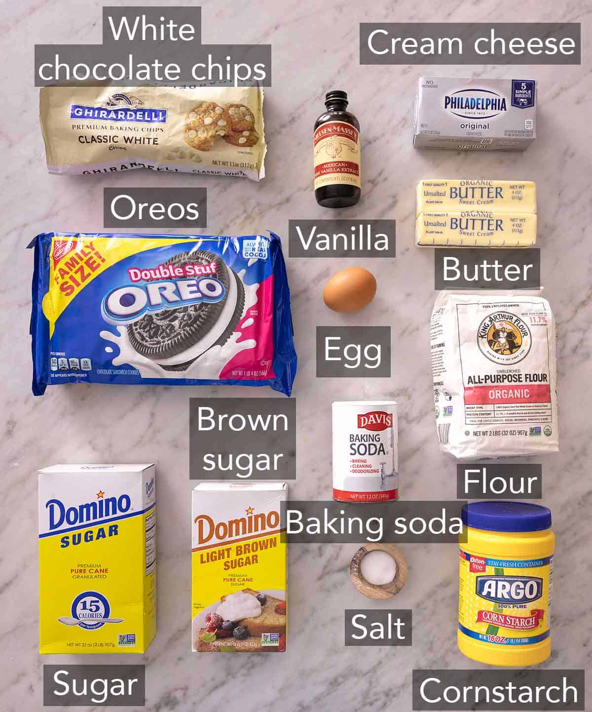 Ingredients needed to make cookies and cream cookies.