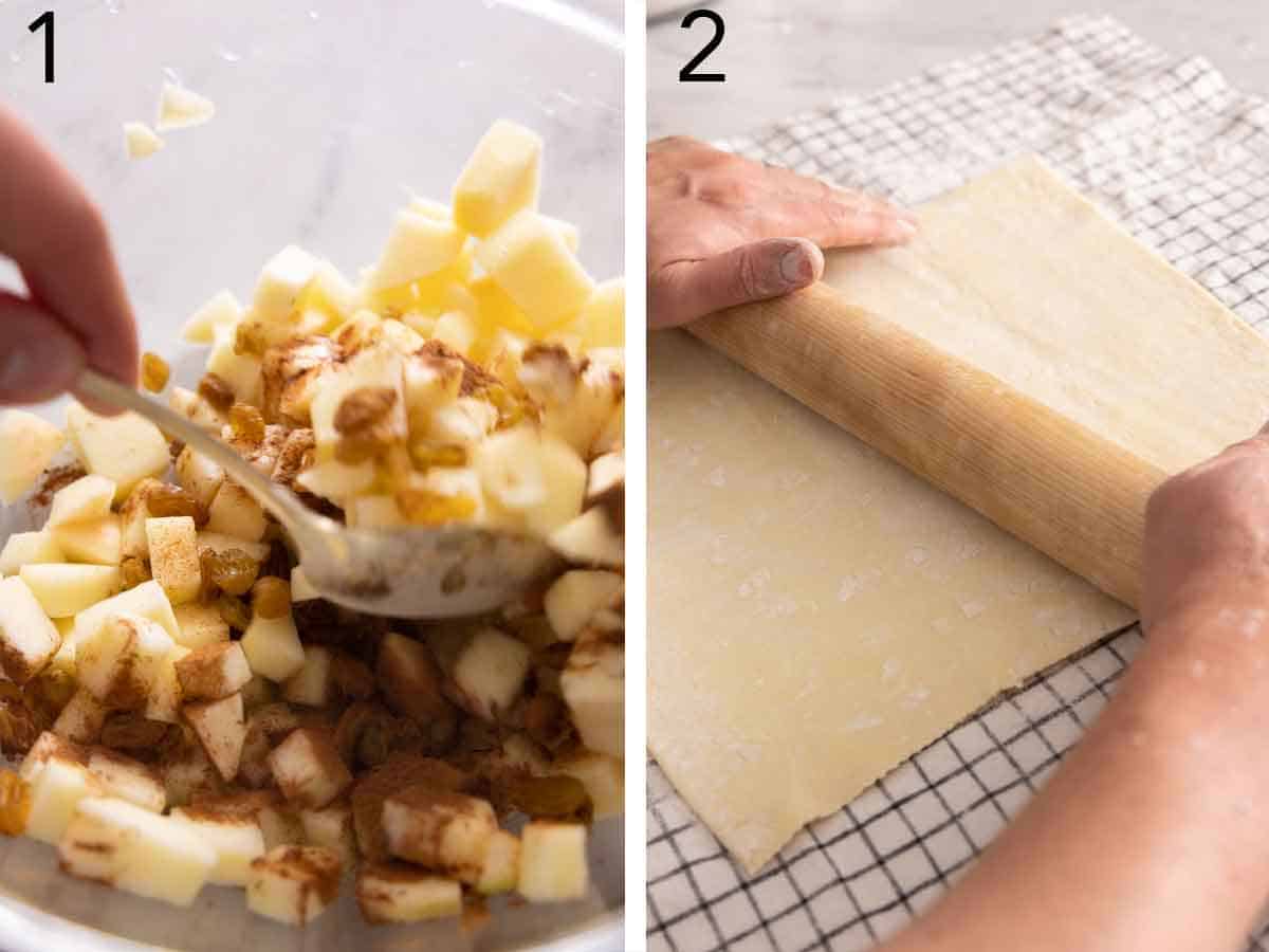 Set of two photos showing diced apple pieces mixed with cinnamon and puff pastry rolled out.