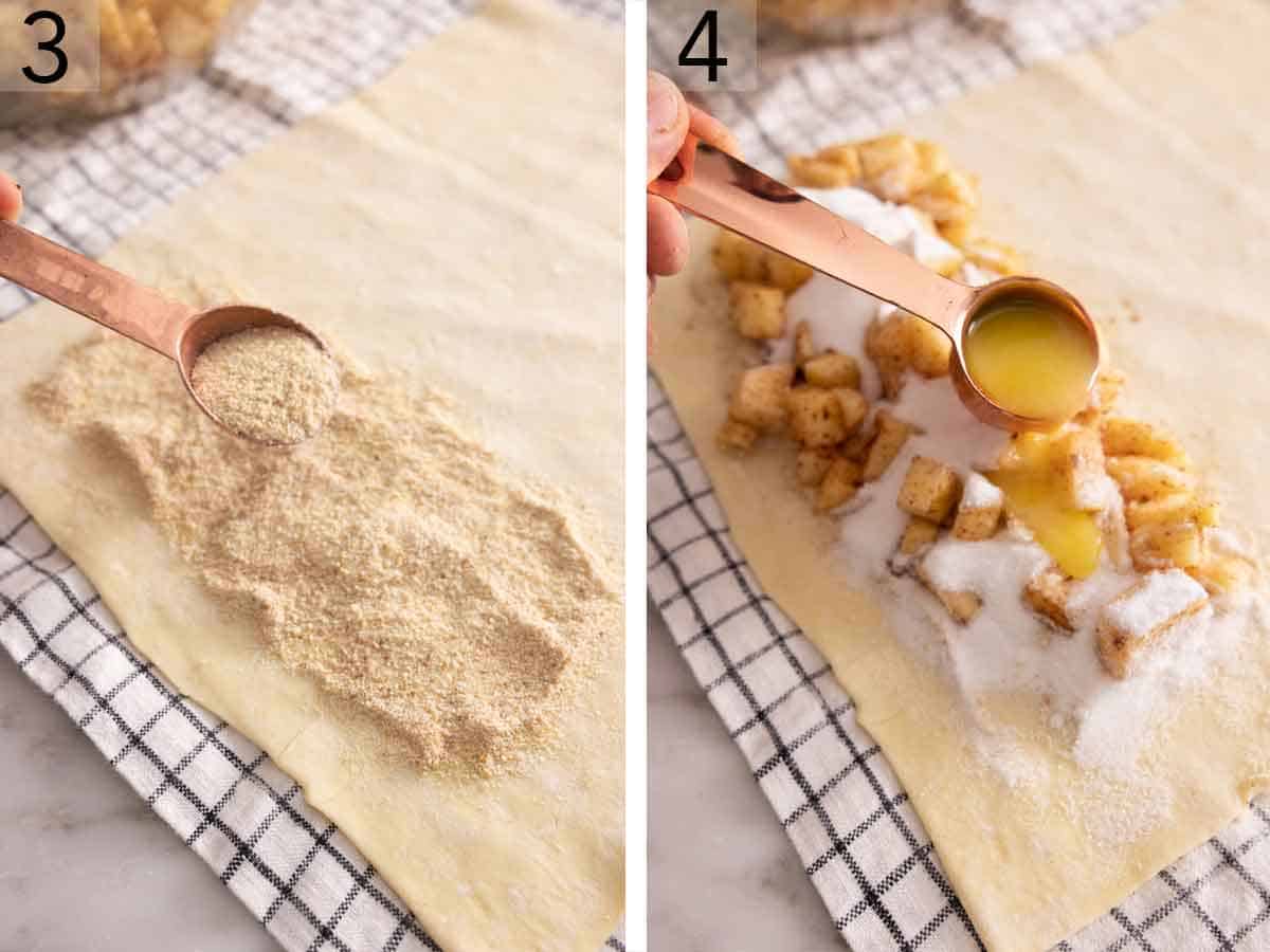 Set of two photos showing bread crumbs added to puff pastry. Second photo showing apple pieces, sugar, and melted butter added to the puff pastry.