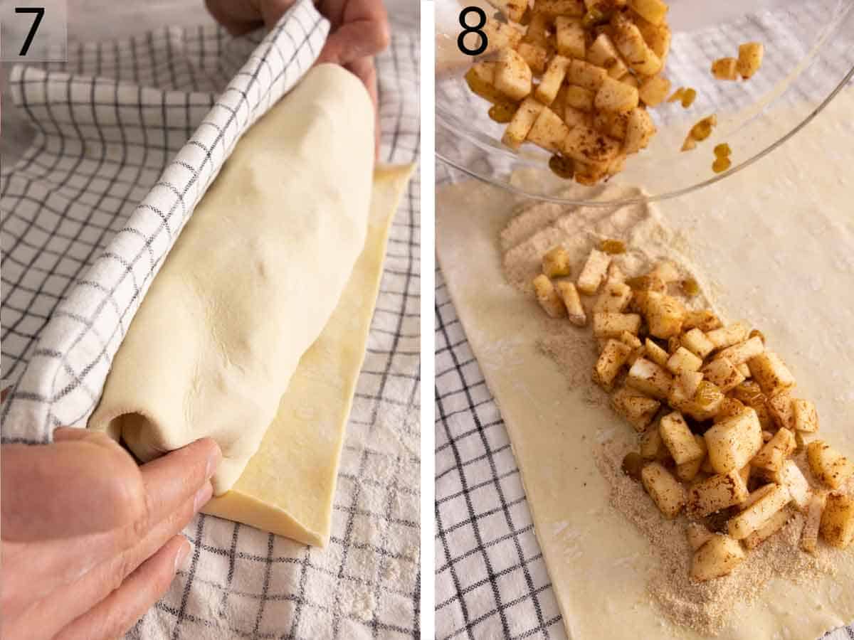 Set of two photos showing the apple strudel rolled and a second pastry being prepared.